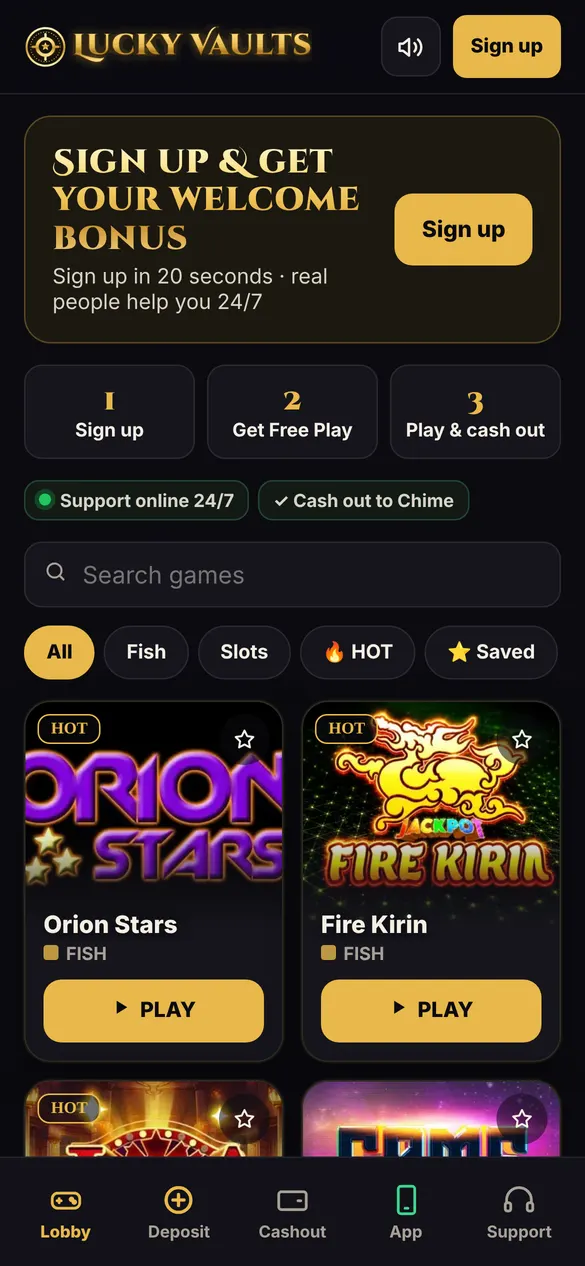 Open luckyvaults.vip and tap Sign up